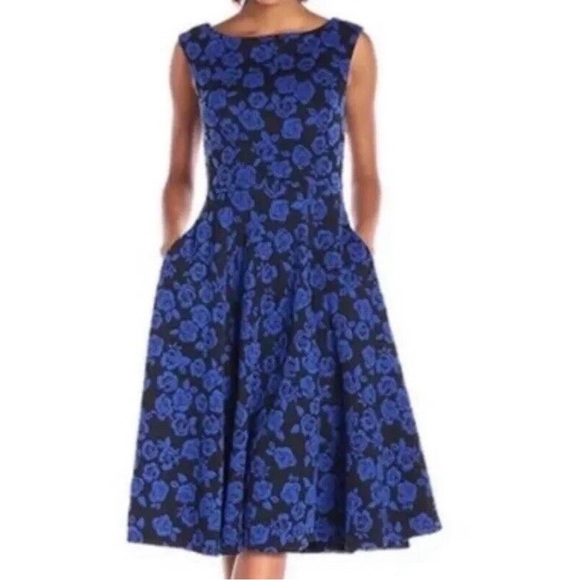 Betsey Johnson Black Blue Floral Rose Jacquard Dress Size 4 - Picture 1 of 4